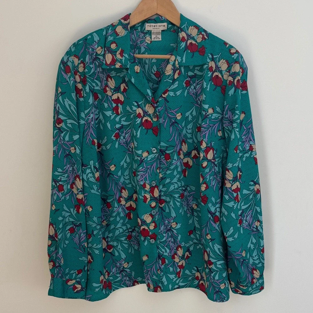 Notations Woman Vintage 80s Floral Shirt | Teal Botanical Print | Late 80s - Picture 2 of 5